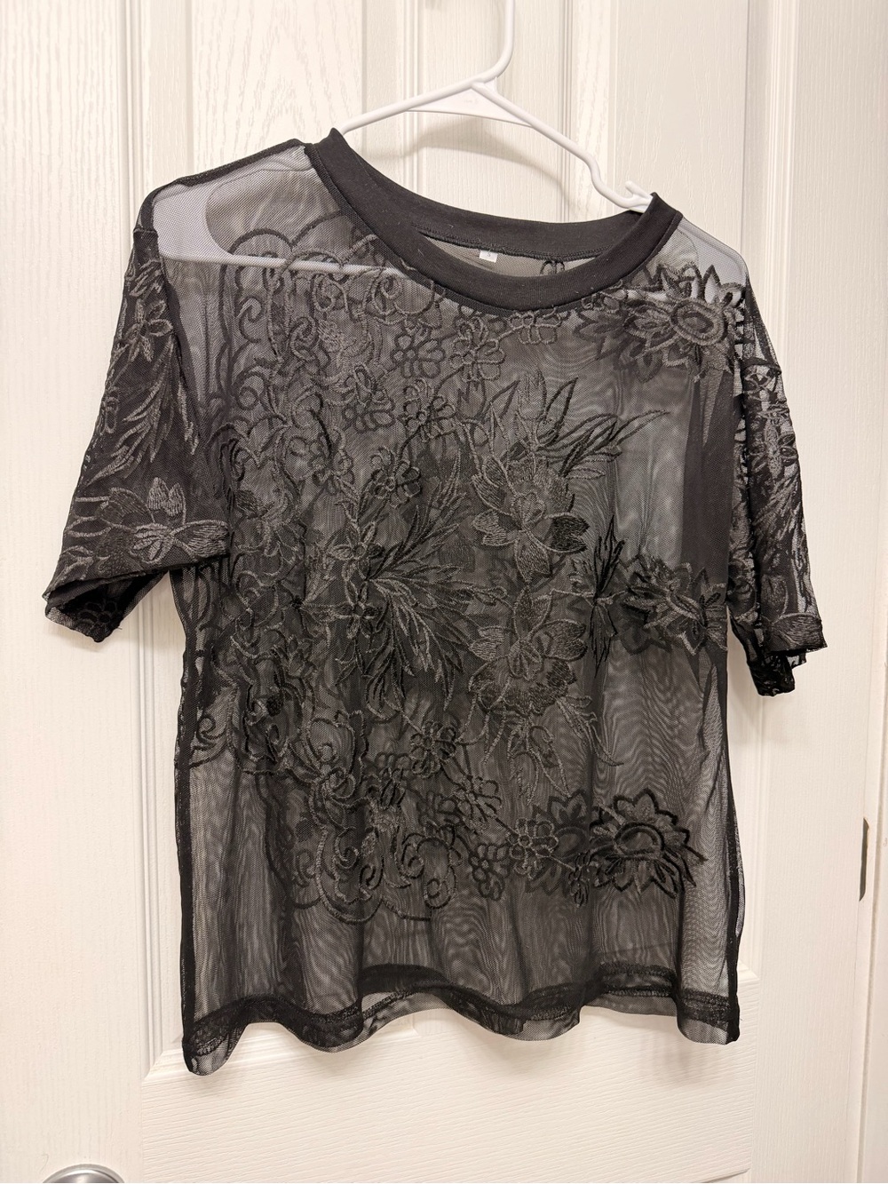 Amazon Black Sheer Floral Embroidered Short Sleeve Tee -small
